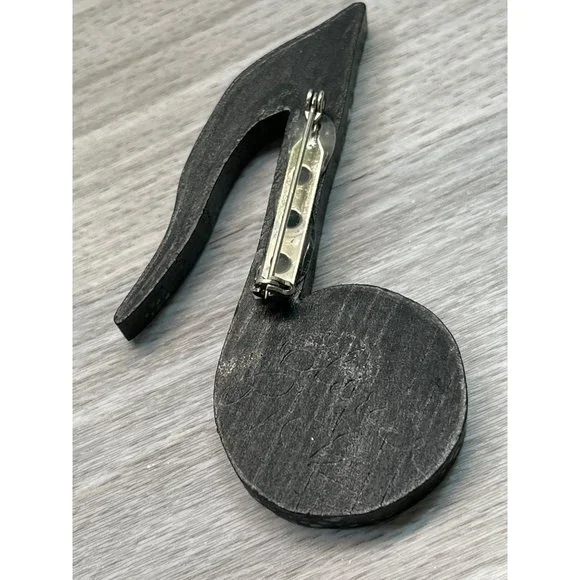 Music Eighth Note Brooch Pin Black Floral Vtg Hand Painted Wood 'Janet' - Picture 3 of 6